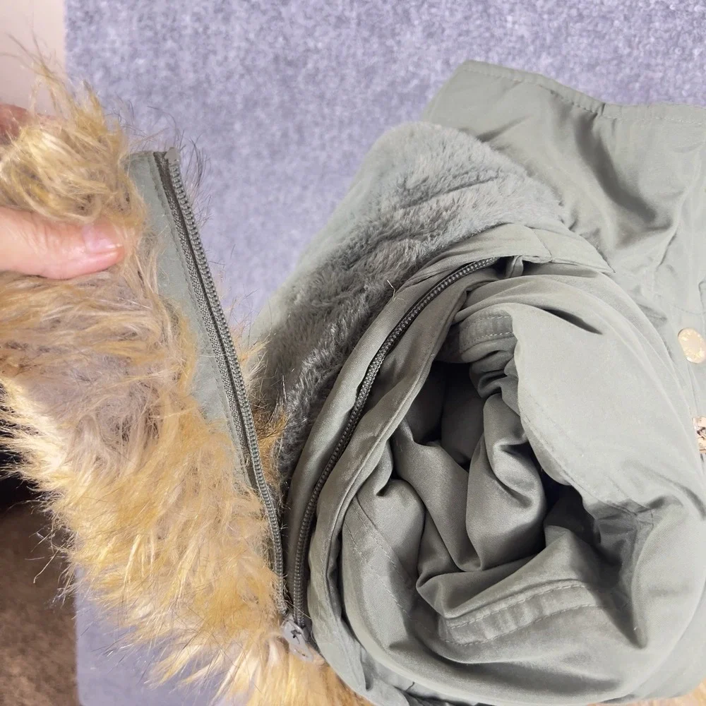 Justice Girls Parka Jacket Size 18 20 Olive Green Faux Fur Hood Winter Coat